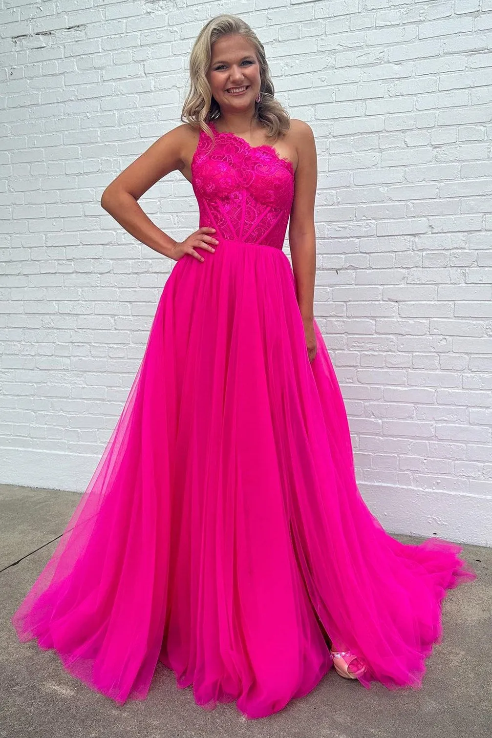 A-line One Shoulder Lace Tulle Prom Dress with Slit