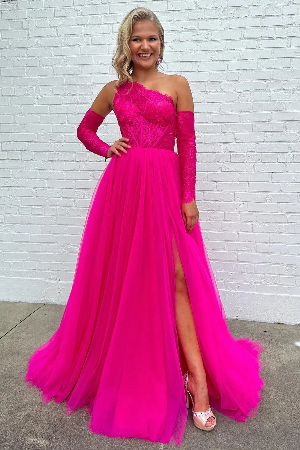 A-line One Shoulder Lace Tulle Prom Dress with Slit
