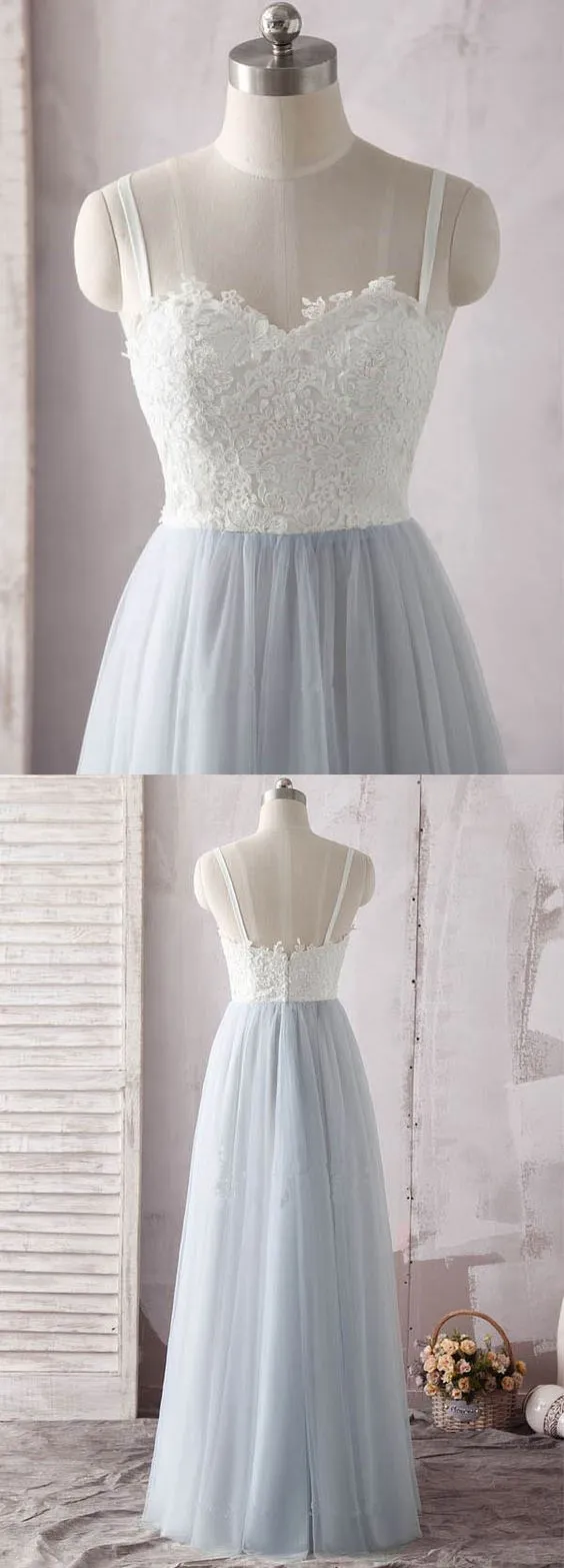 A line Tulle White Lace Top Long Sweetheart Neck Prom Dress