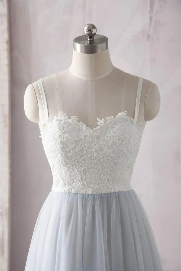 A line Tulle White Lace Top Long Sweetheart Neck Prom Dress