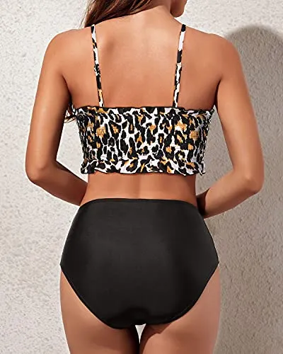 Adjustable Shoulder Straps Design Smocked 2 Piece Swimsuit-Black And Leopard