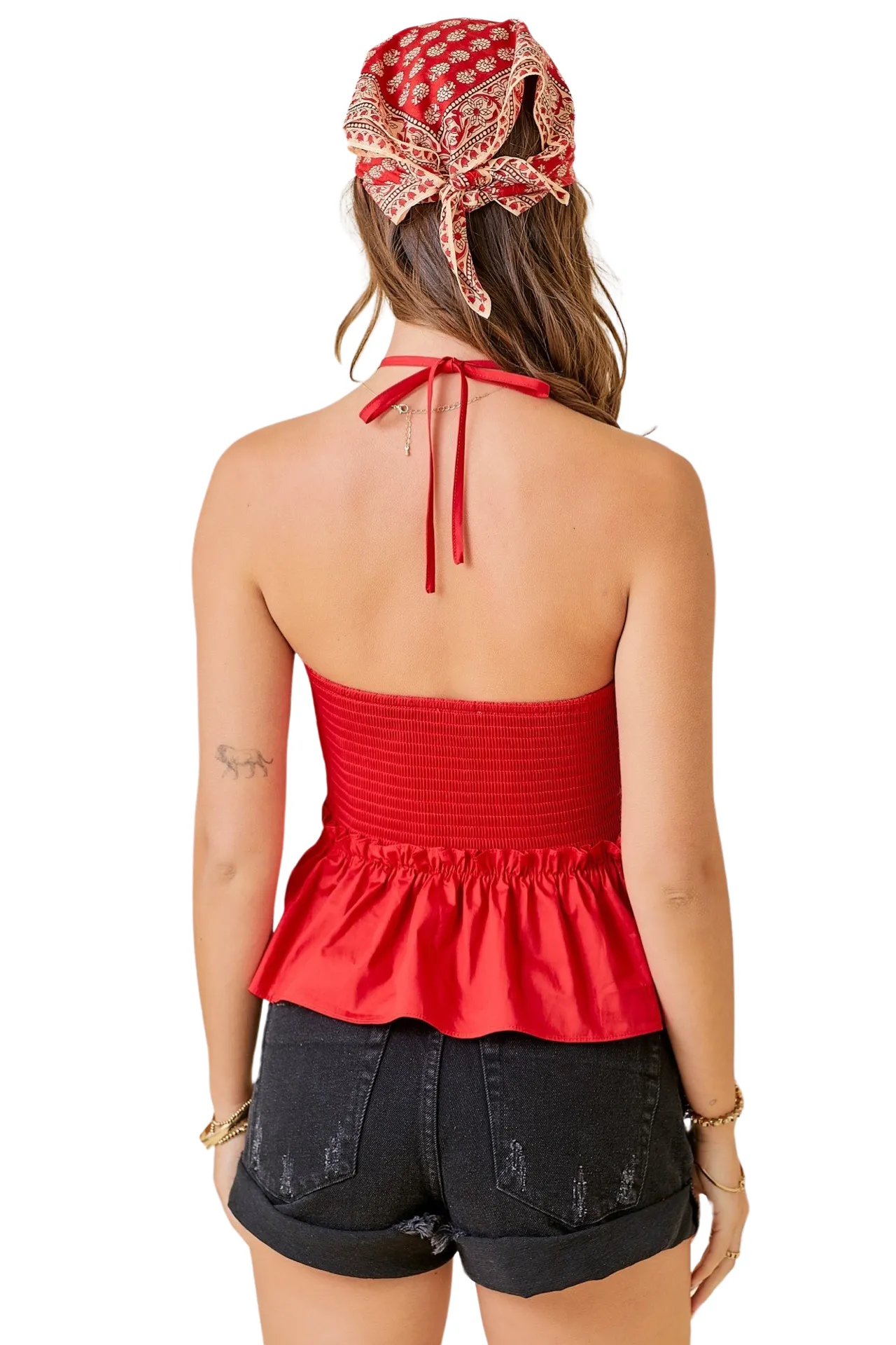 Apparel- Day Moon Ruched Halter Top With Ruffle Hem