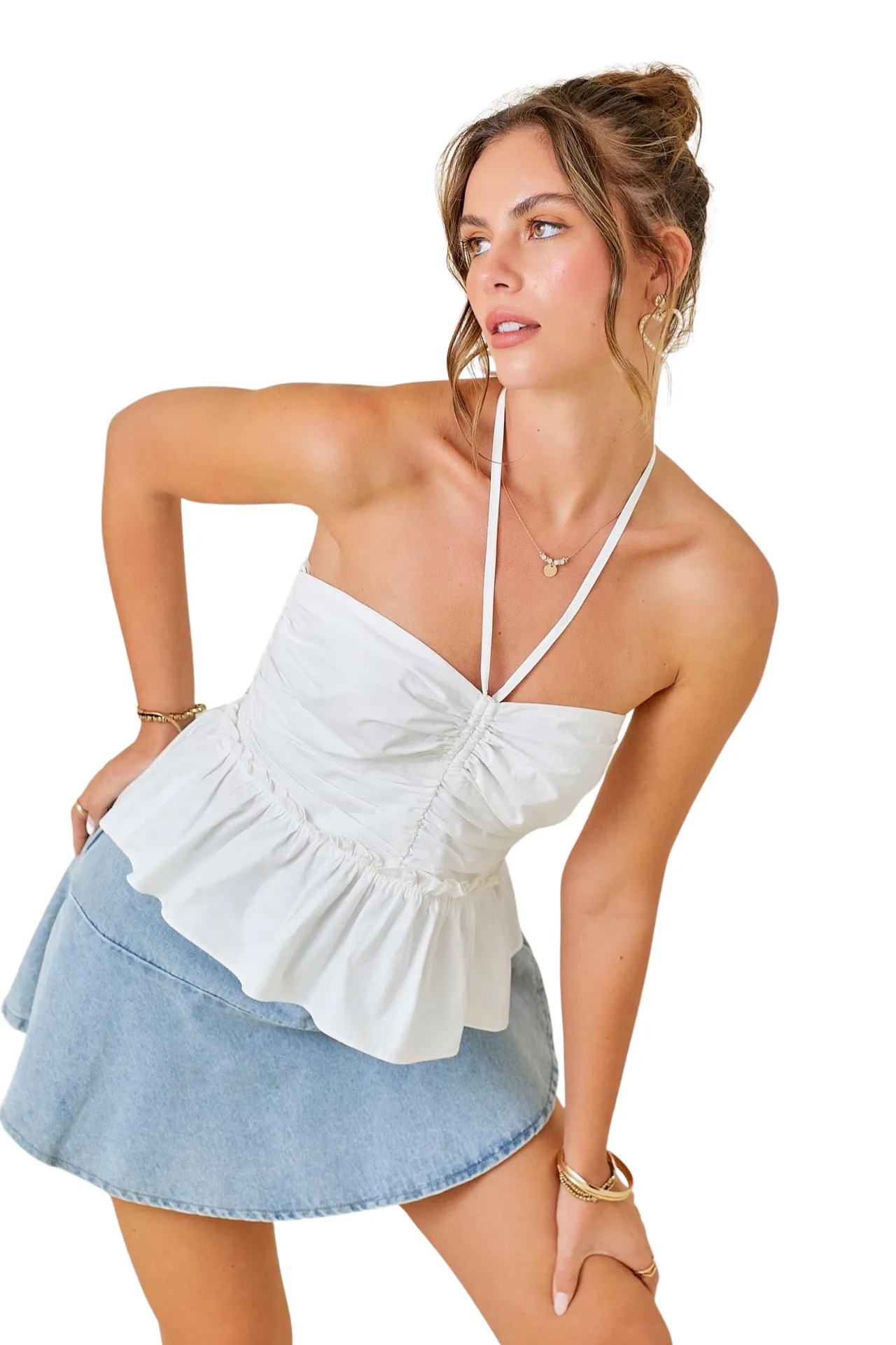 Apparel- Day Moon Ruched Halter Top With Ruffle Hem