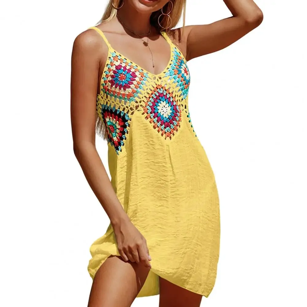 Beach Dress V-neck Sling Sleeveless Cover Up Dress Colorful Stitching A-line Dress Bohemia Style Crochet Top Bikini Beachwear