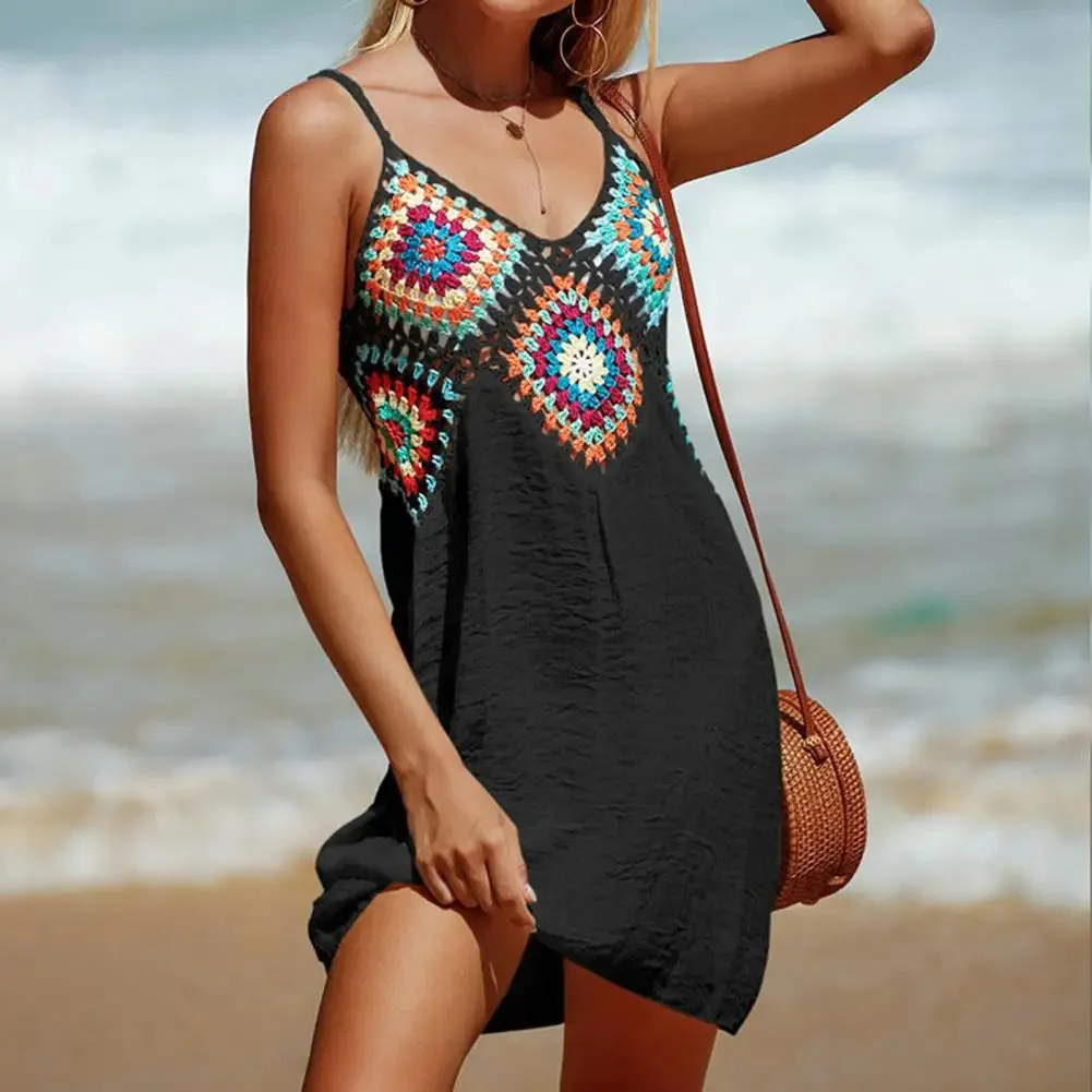 Beach Dress V-neck Sling Sleeveless Cover Up Dress Colorful Stitching A-line Dress Bohemia Style Crochet Top Bikini Beachwear