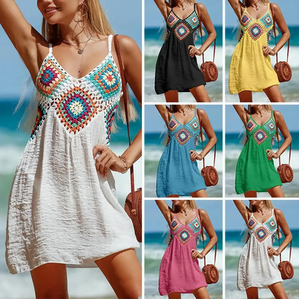 Beach Dress V-neck Sling Sleeveless Cover Up Dress Colorful Stitching A-line Dress Bohemia Style Crochet Top Bikini Beachwear
