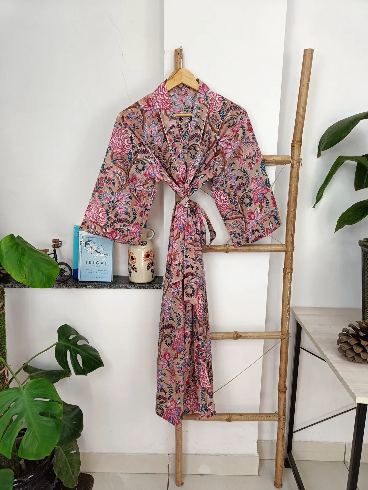 Boho Cotton Kimono House Robe Indian Handprinted Quick Sand Floral | Lightweight Summer Luxury Beach Holidays Yacht Cover Up Stunning Dress