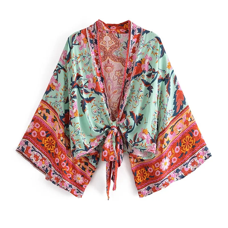 Boho Floral Print Short Kimono