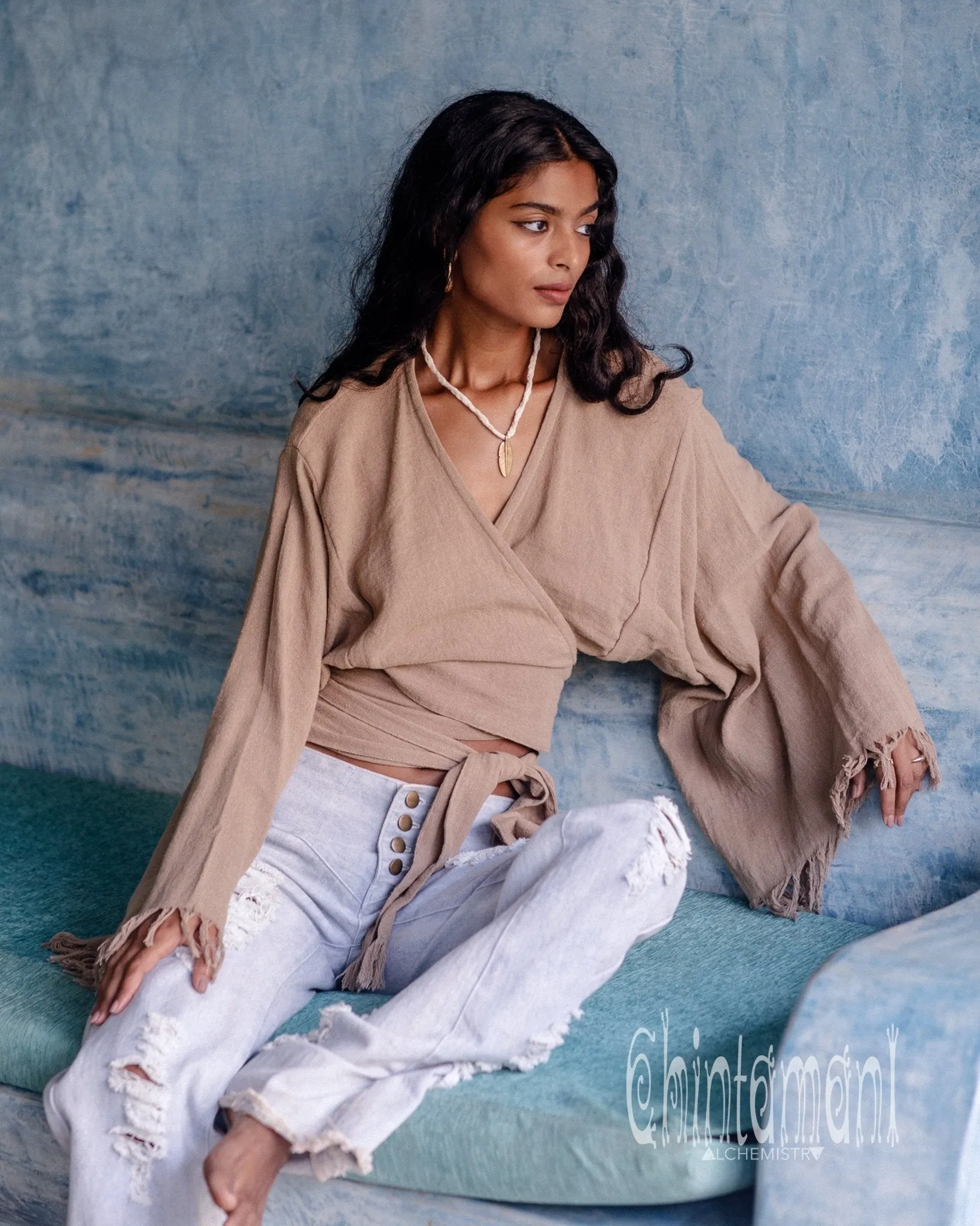 Boho Kimono Wrap Top for Women / Wide Sleeve Organic Crop Top / Coffee