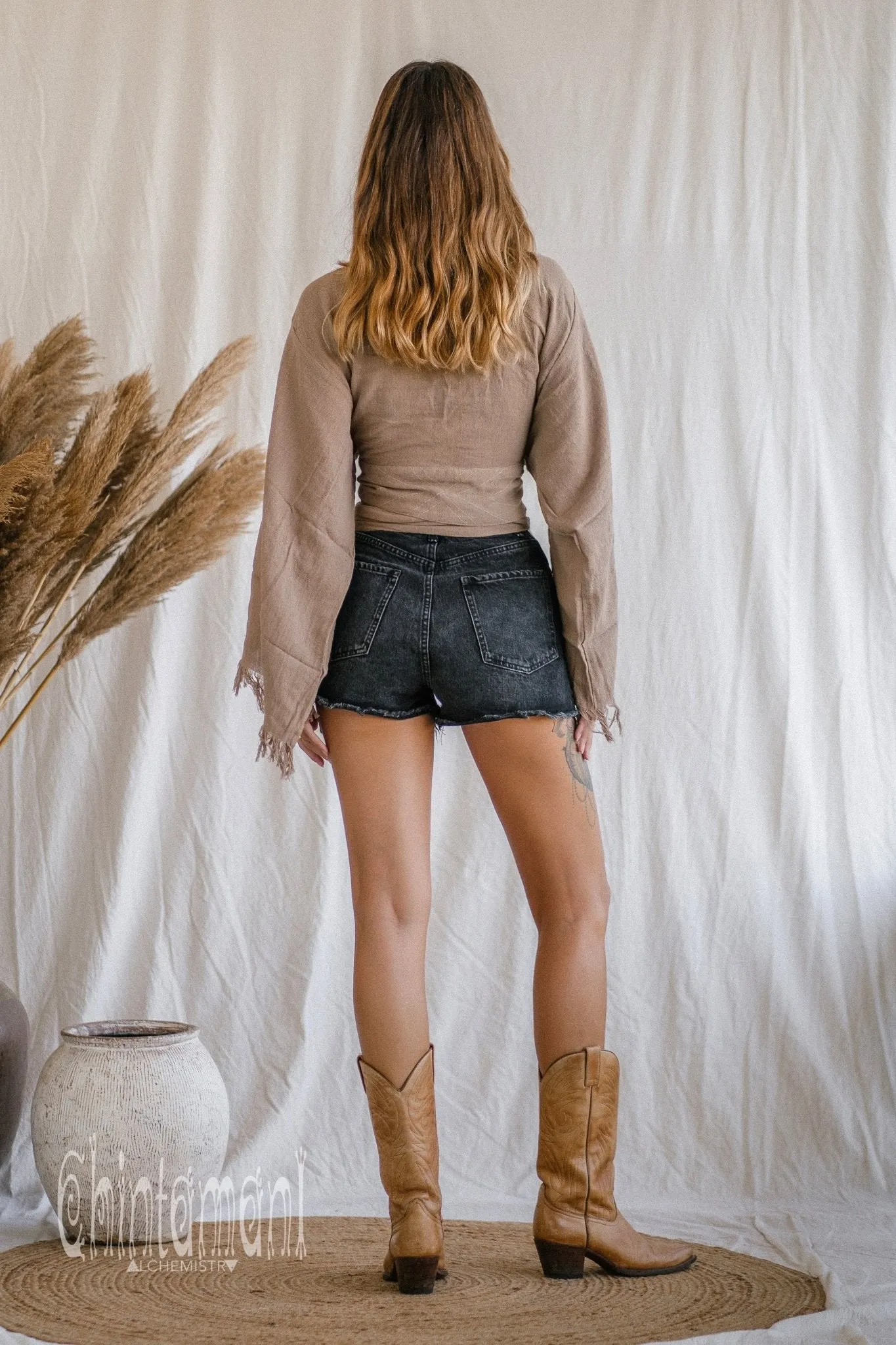 Boho Kimono Wrap Top for Women / Wide Sleeve Organic Crop Top / Coffee