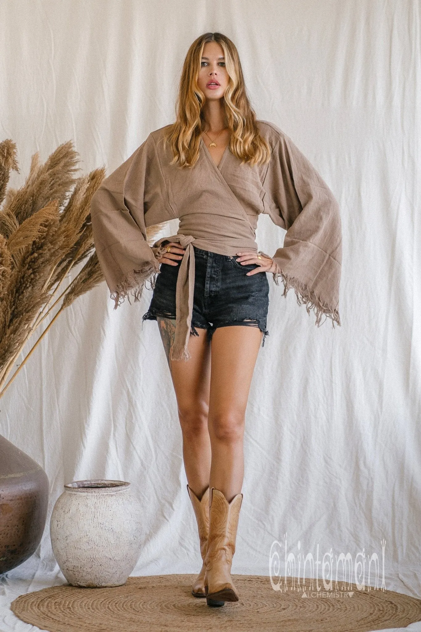 Boho Kimono Wrap Top for Women / Wide Sleeve Organic Crop Top / Coffee