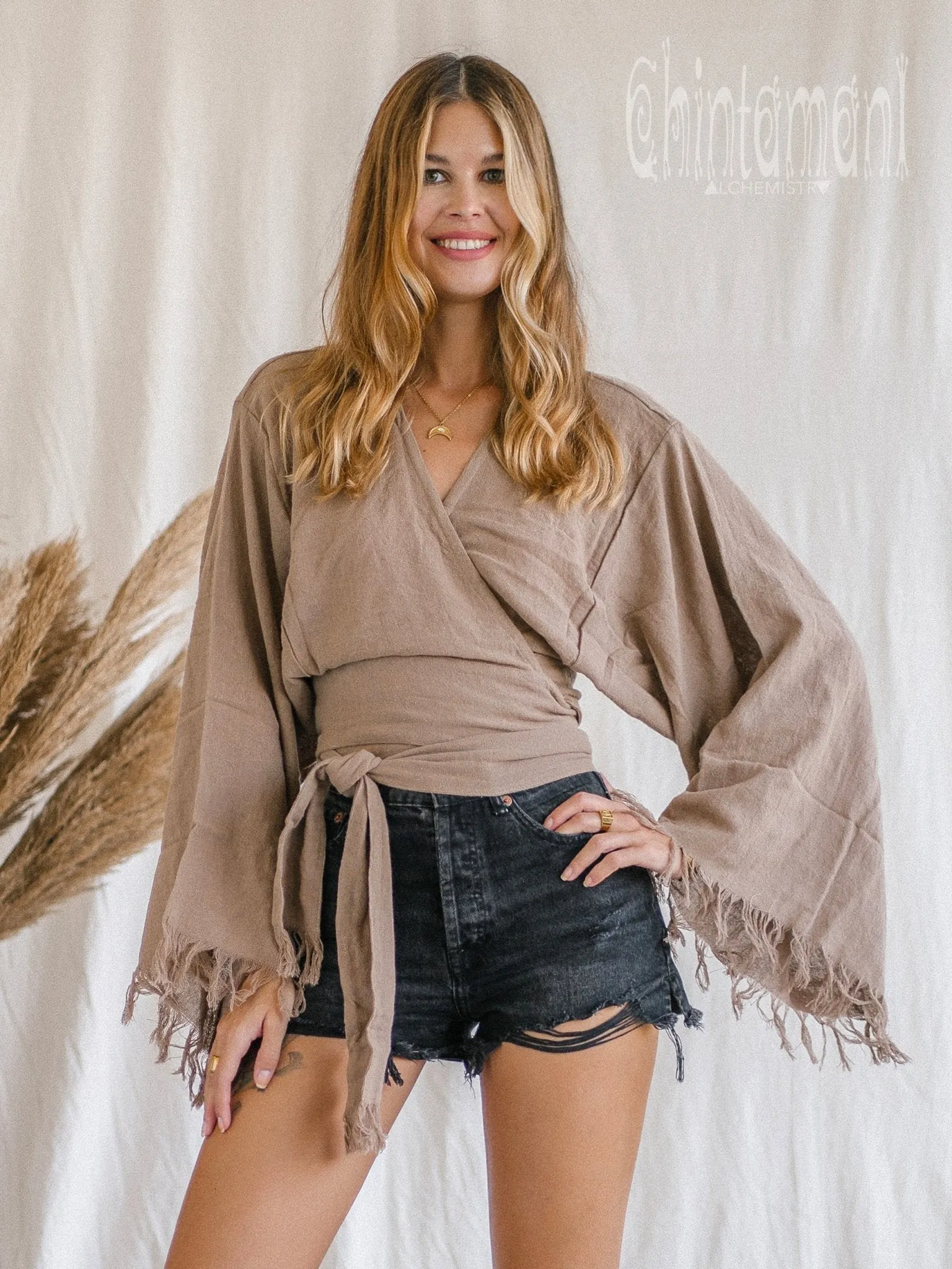Boho Kimono Wrap Top for Women / Wide Sleeve Organic Crop Top / Coffee