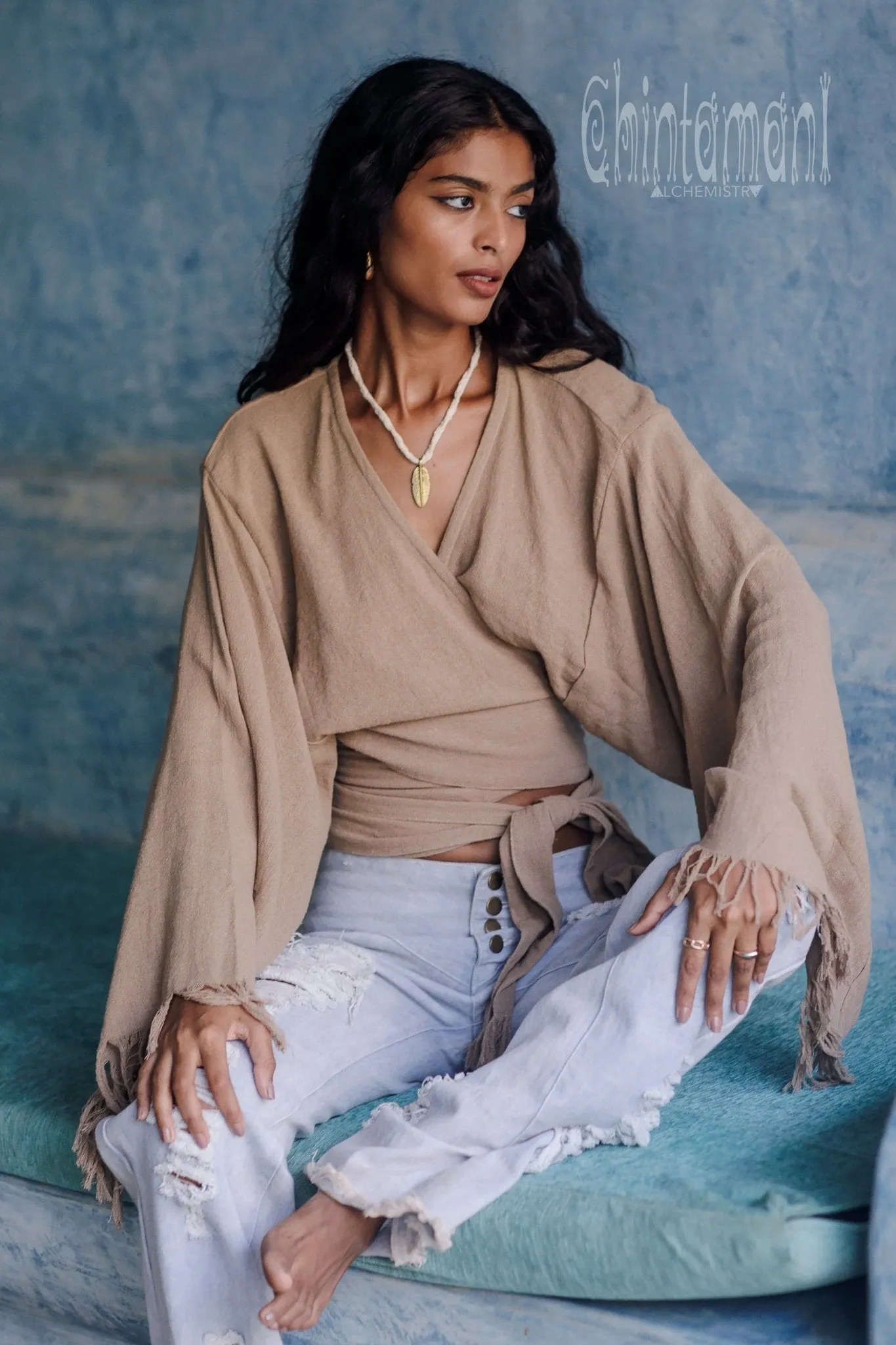 Boho Kimono Wrap Top for Women / Wide Sleeve Organic Crop Top / Coffee
