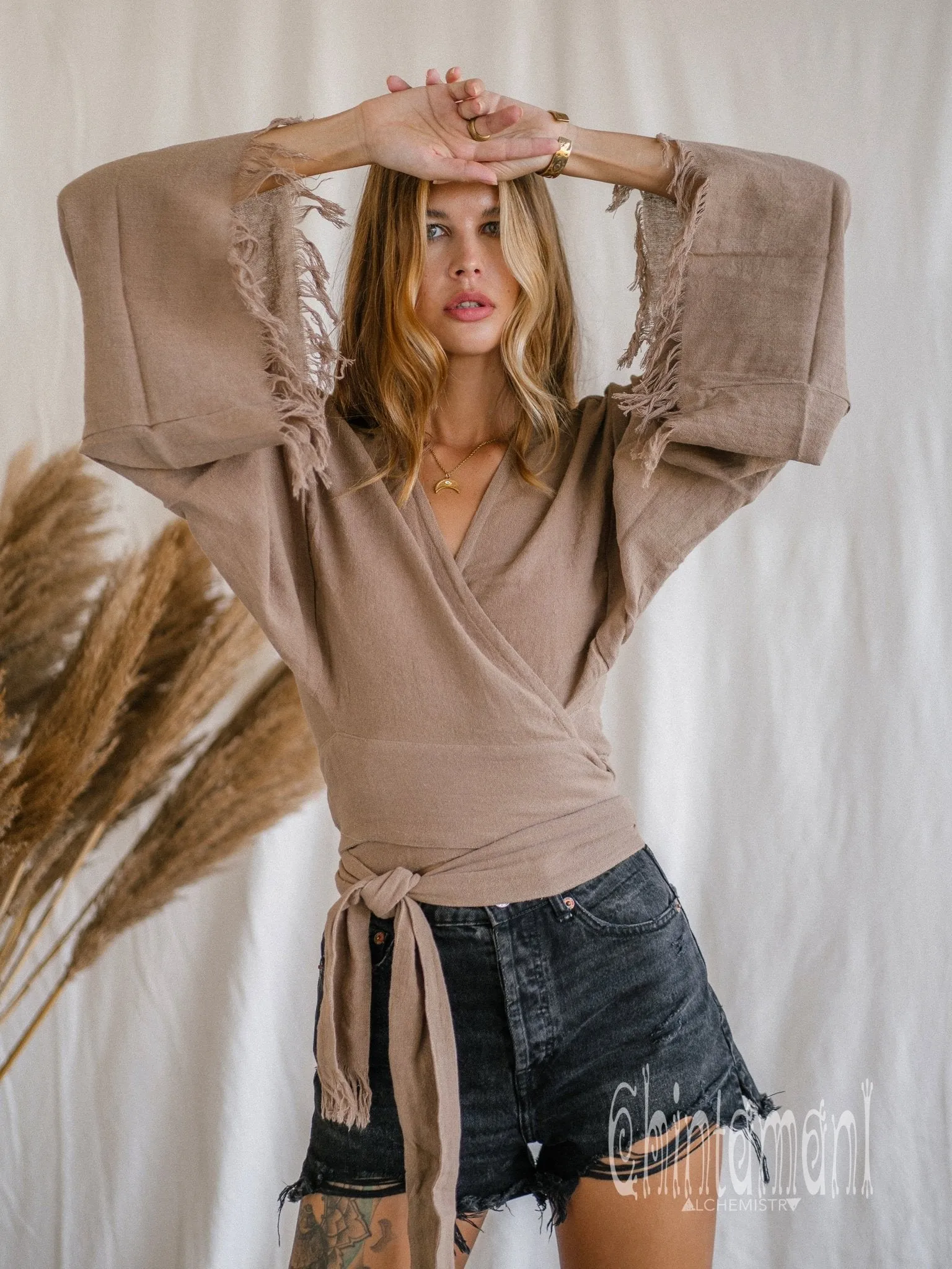 Boho Kimono Wrap Top for Women / Wide Sleeve Organic Crop Top / Coffee