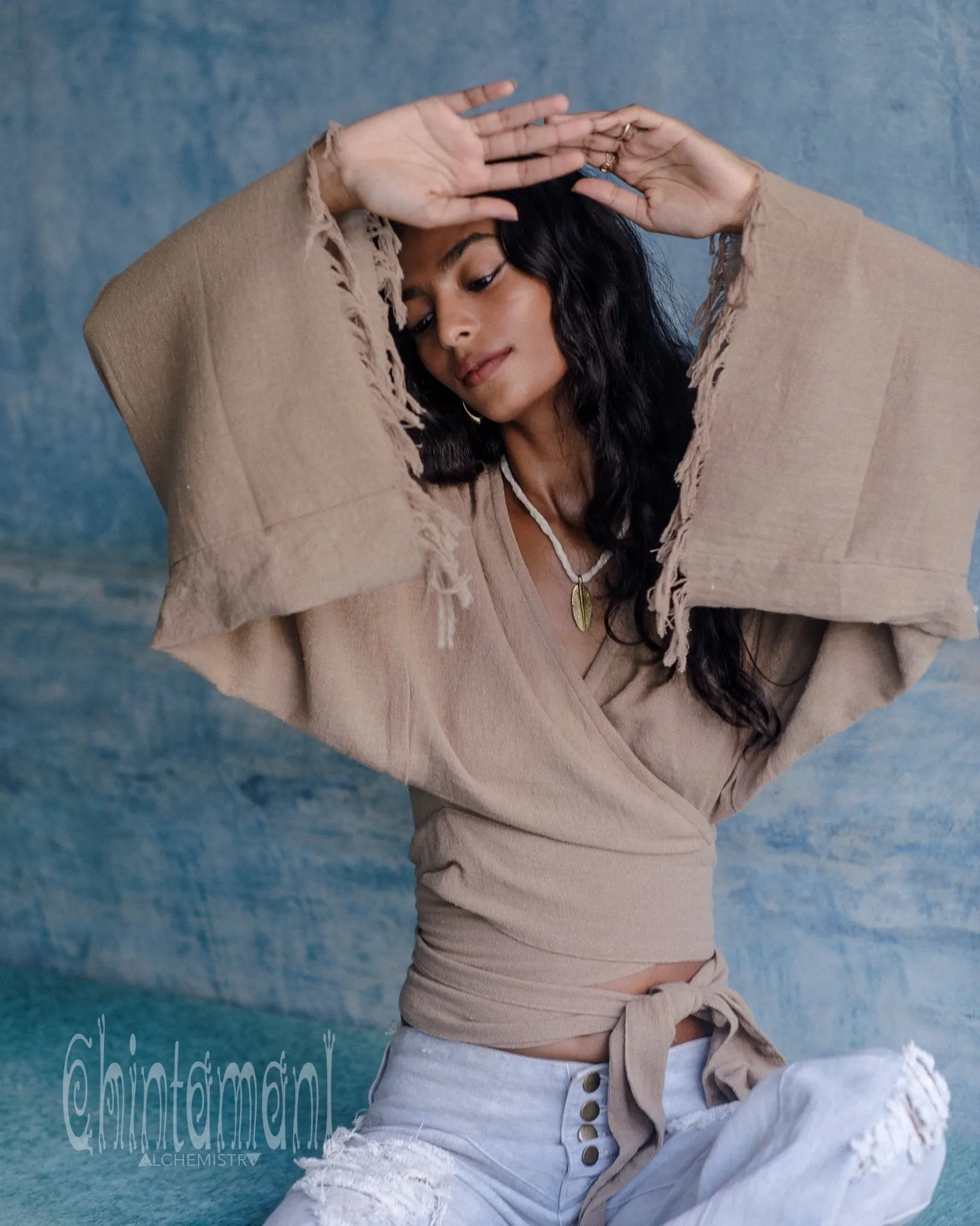 Boho Kimono Wrap Top for Women / Wide Sleeve Organic Crop Top / Coffee