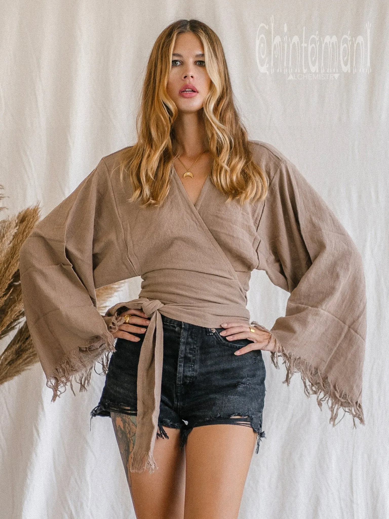 Boho Kimono Wrap Top for Women / Wide Sleeve Organic Crop Top / Coffee