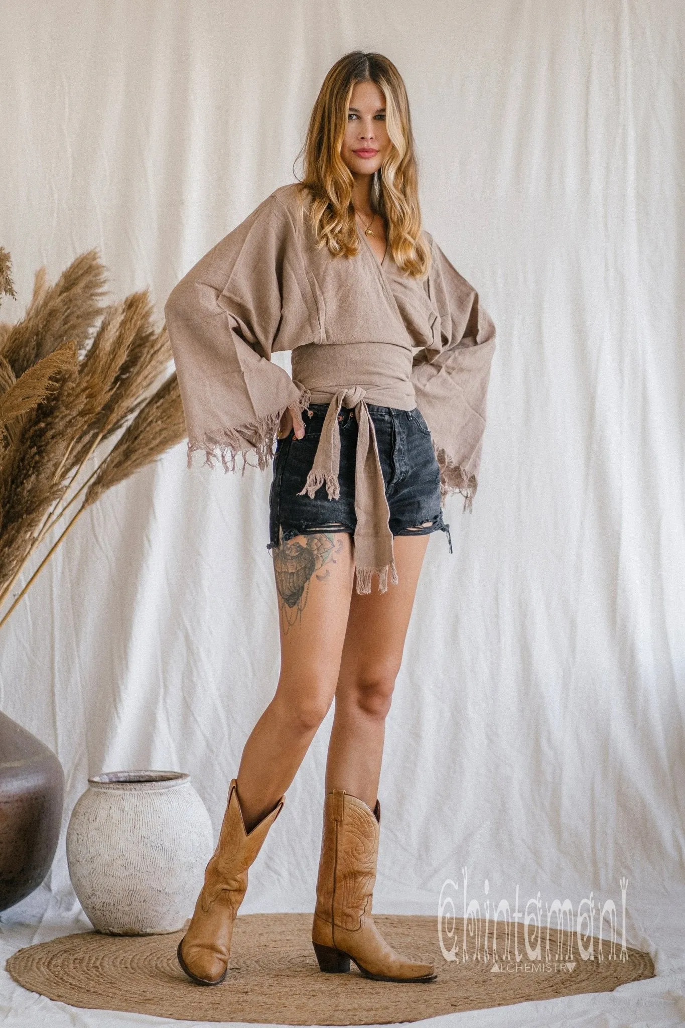 Boho Kimono Wrap Top for Women / Wide Sleeve Organic Crop Top / Coffee