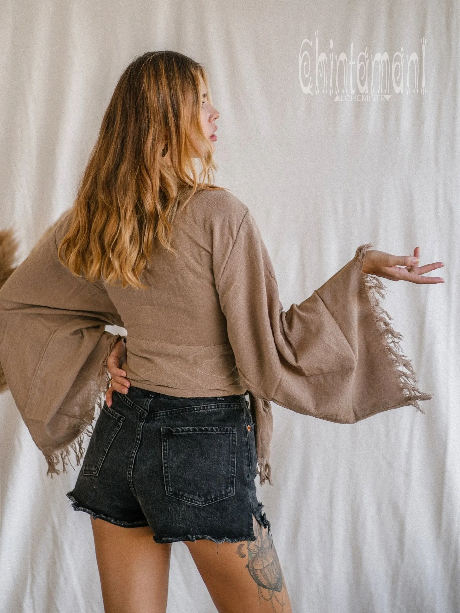Boho Kimono Wrap Top for Women / Wide Sleeve Organic Crop Top / Coffee