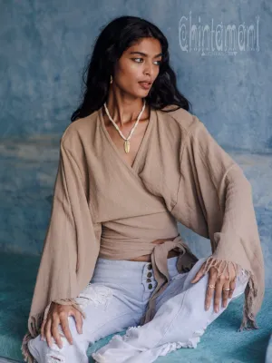 Boho Kimono Wrap Top for Women / Wide Sleeve Organic Crop Top / Coffee