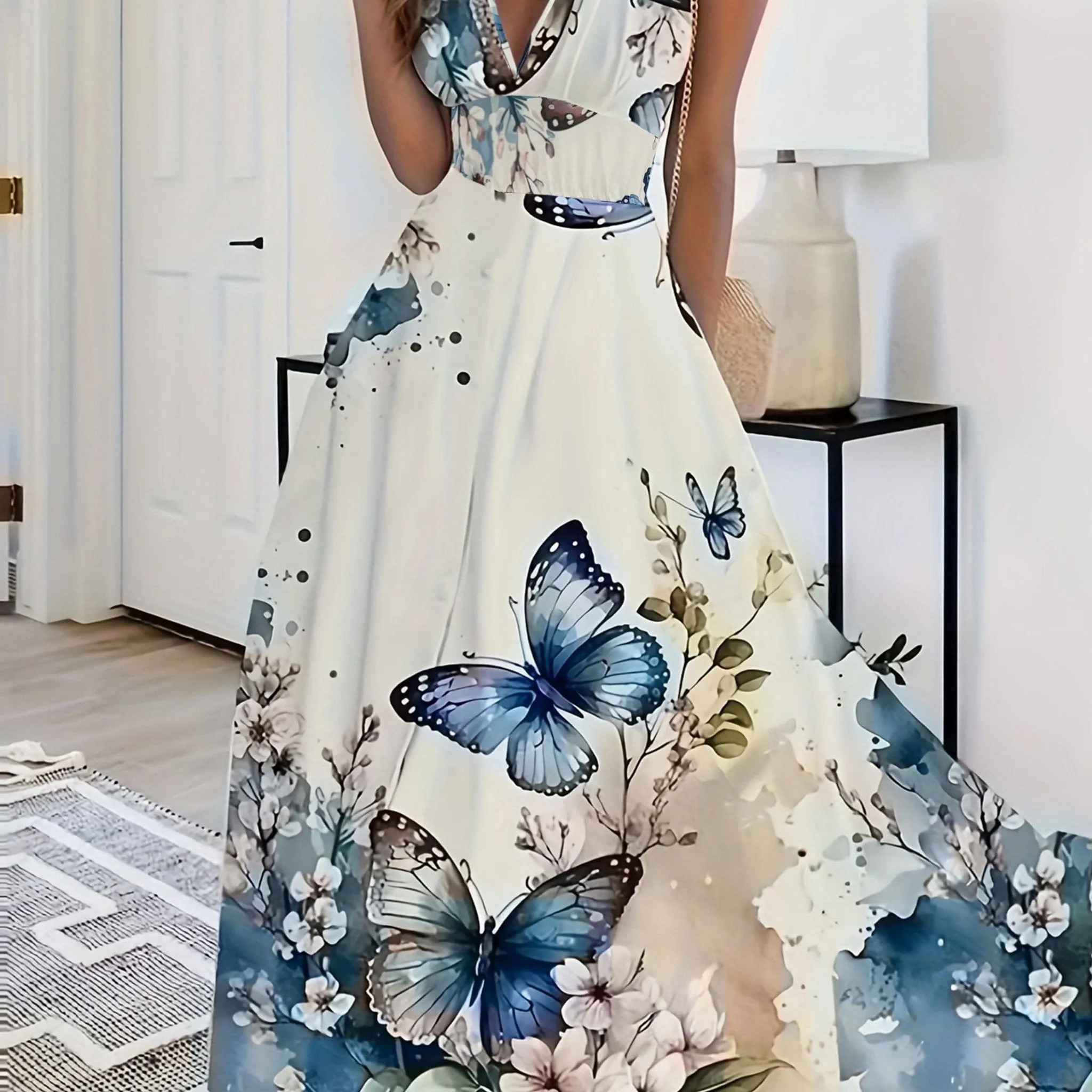 Butterfly Print Vneck  Tank Dress - By Lustmia