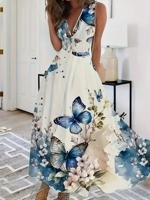 Butterfly Print Vneck  Tank Dress - By Lustmia
