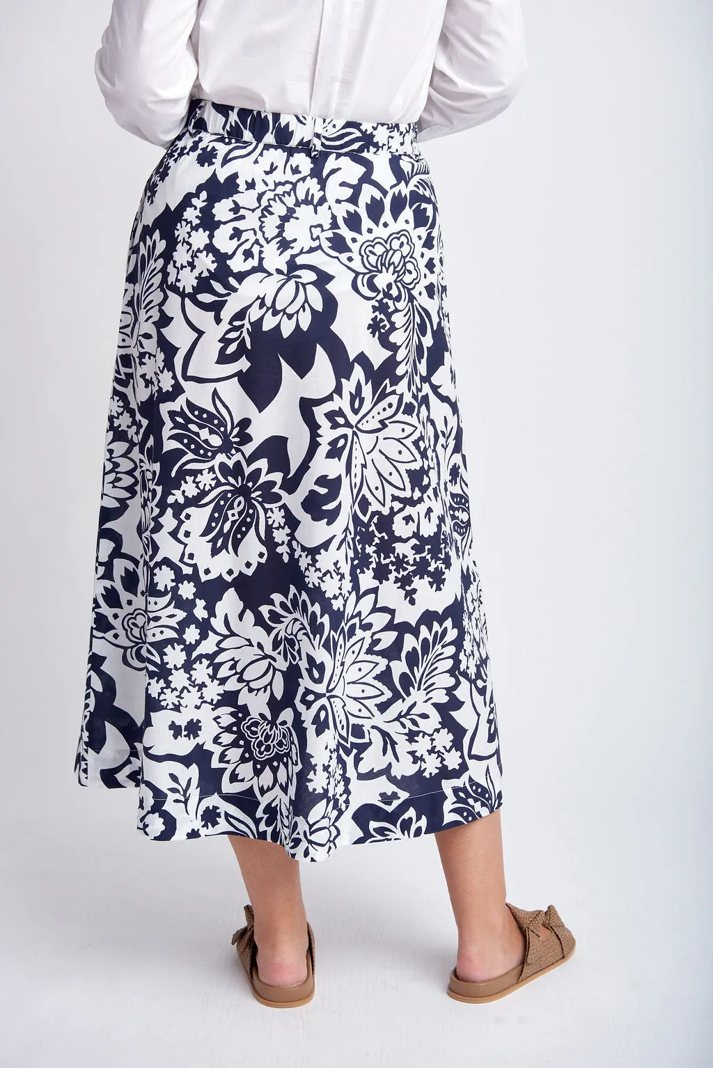 Button Through Cotton Skirt Navy/White Lotus Print
