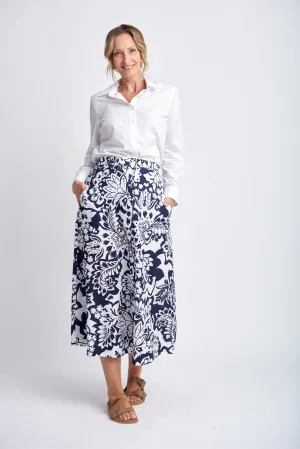 Button Through Cotton Skirt Navy/White Lotus Print