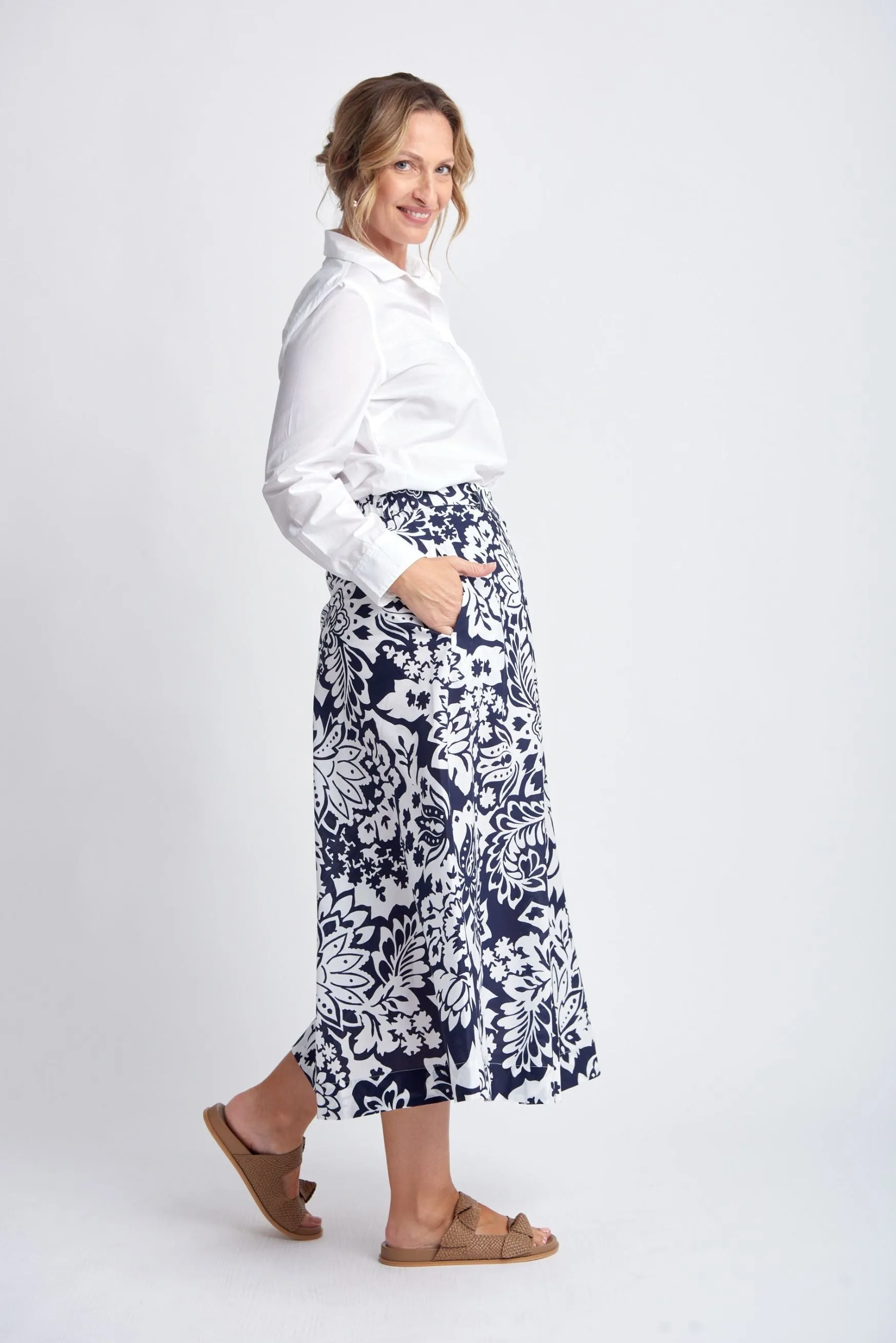 Button Through Cotton Skirt Navy/White Lotus Print