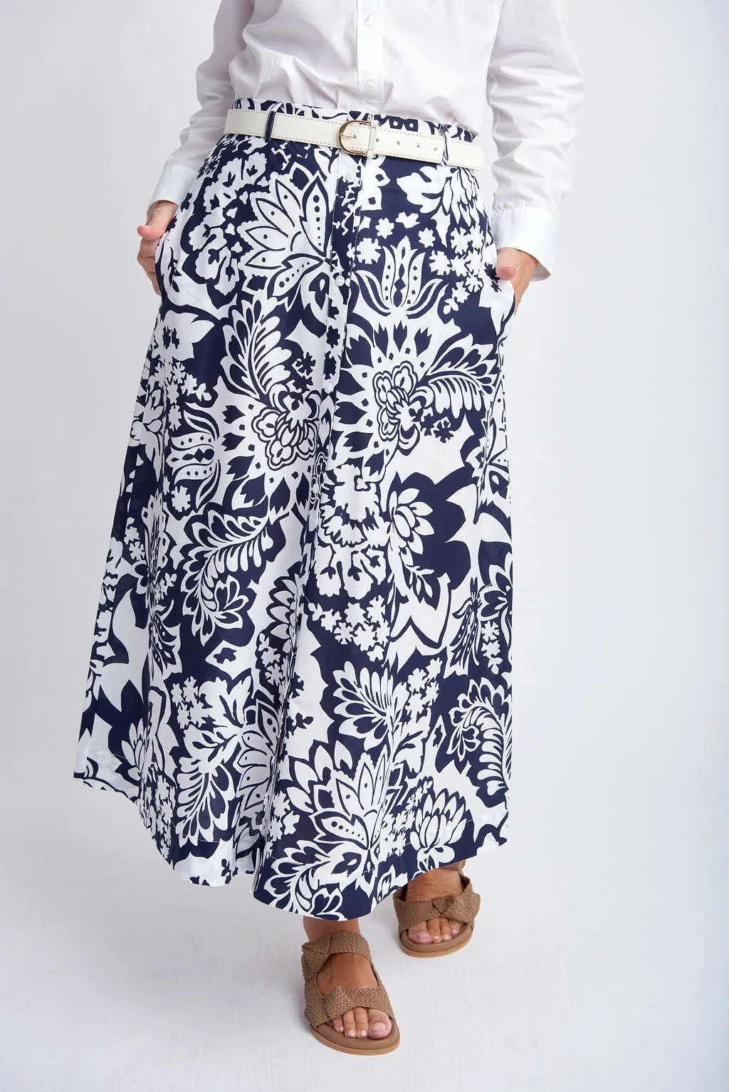 Button Through Cotton Skirt Navy/White Lotus Print