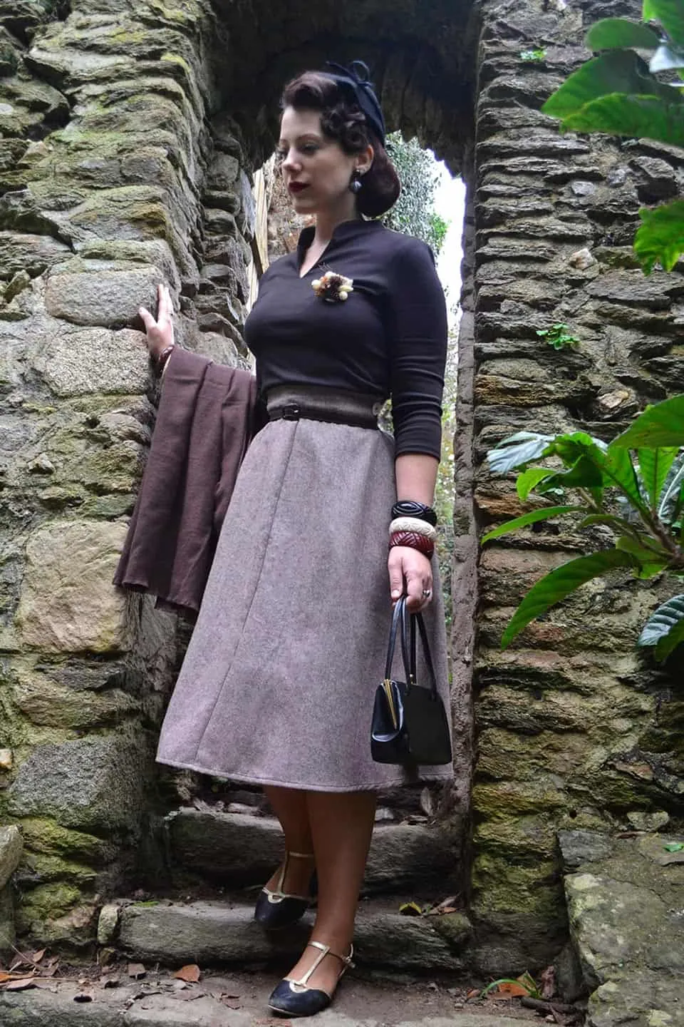 Classic 1940s Style A-Line Skirt in Brown Herringbone