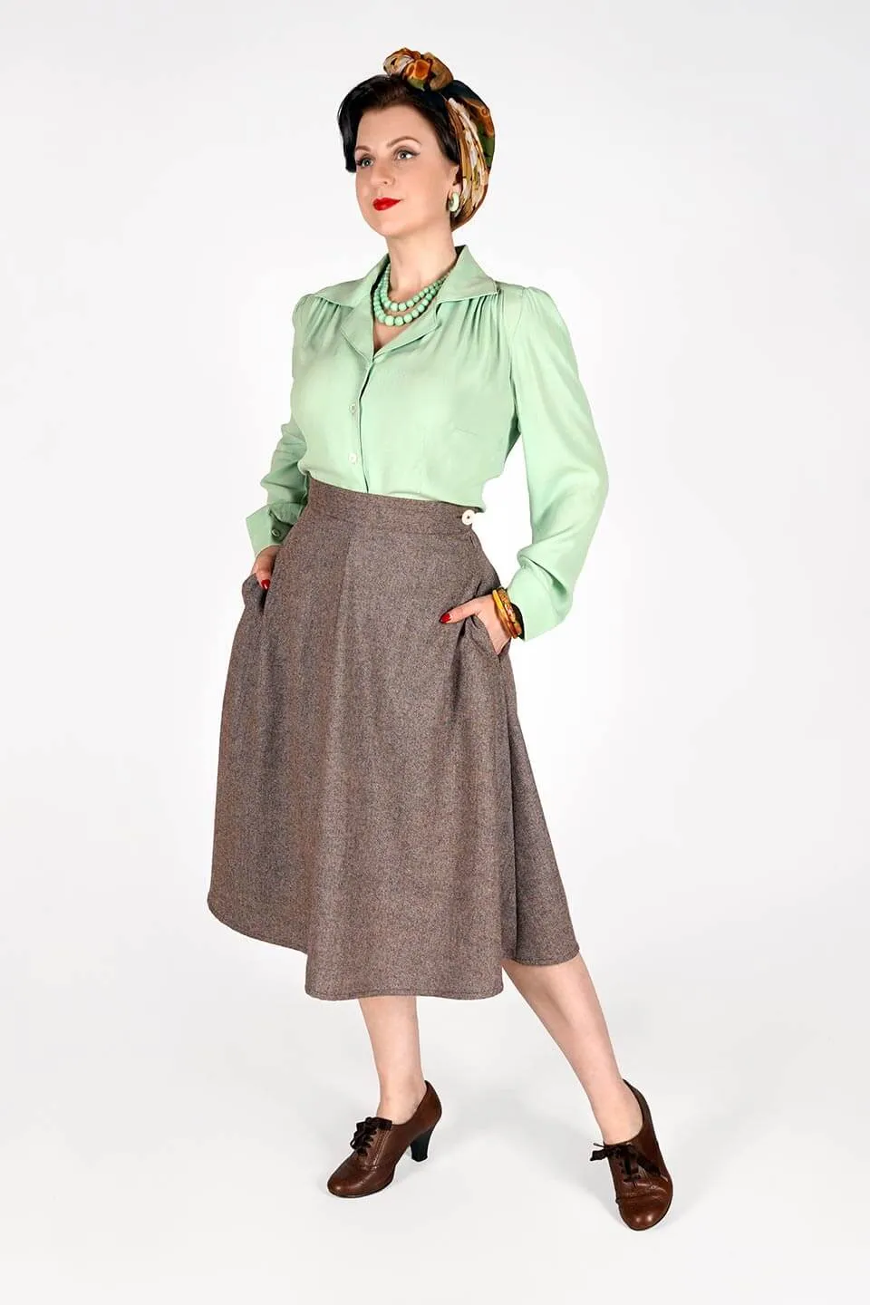 Classic 1940s Style A-Line Skirt in Brown Herringbone