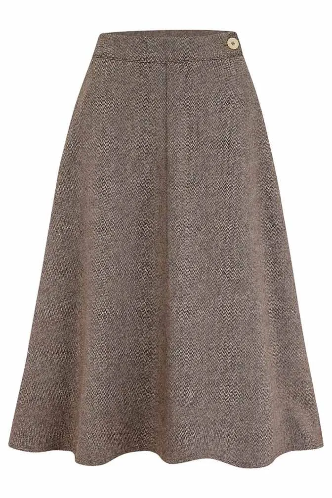 Classic 1940s Style A-Line Skirt in Brown Herringbone