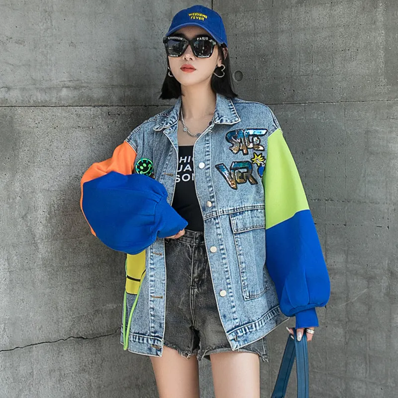 Comic Denim Jacket Beaded Denim Jacket for Women Spring and Autumn
