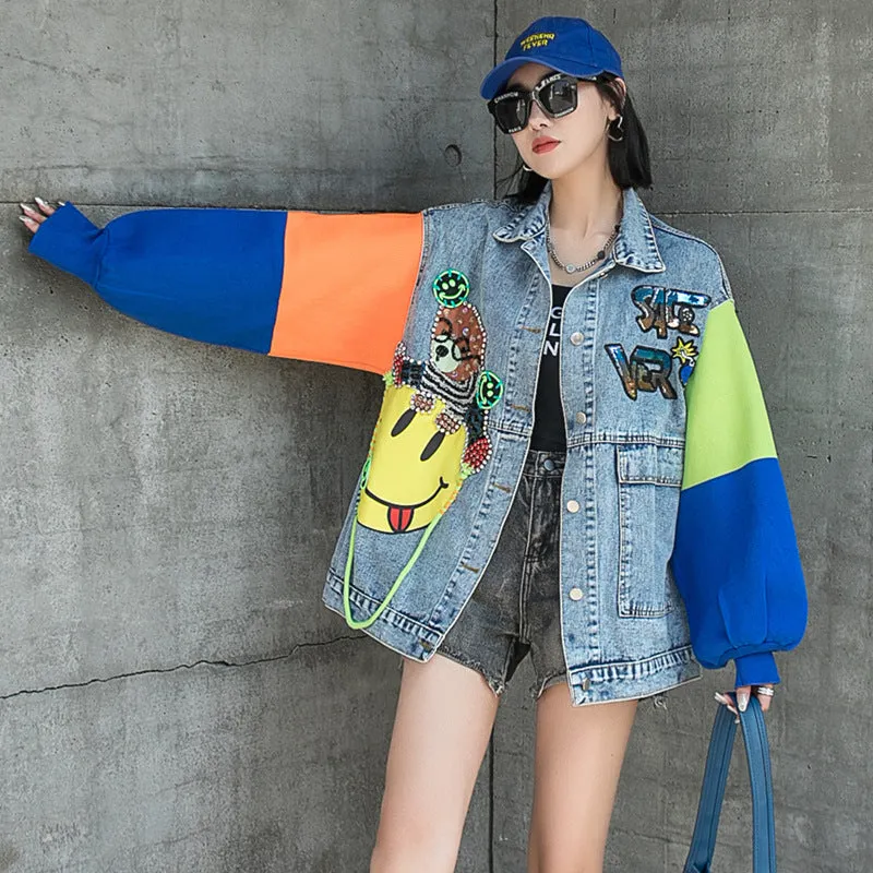 Comic Denim Jacket Beaded Denim Jacket for Women Spring and Autumn