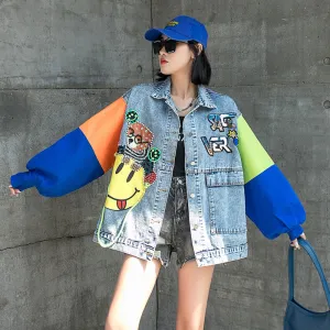 Comic Denim Jacket Beaded Denim Jacket for Women Spring and Autumn