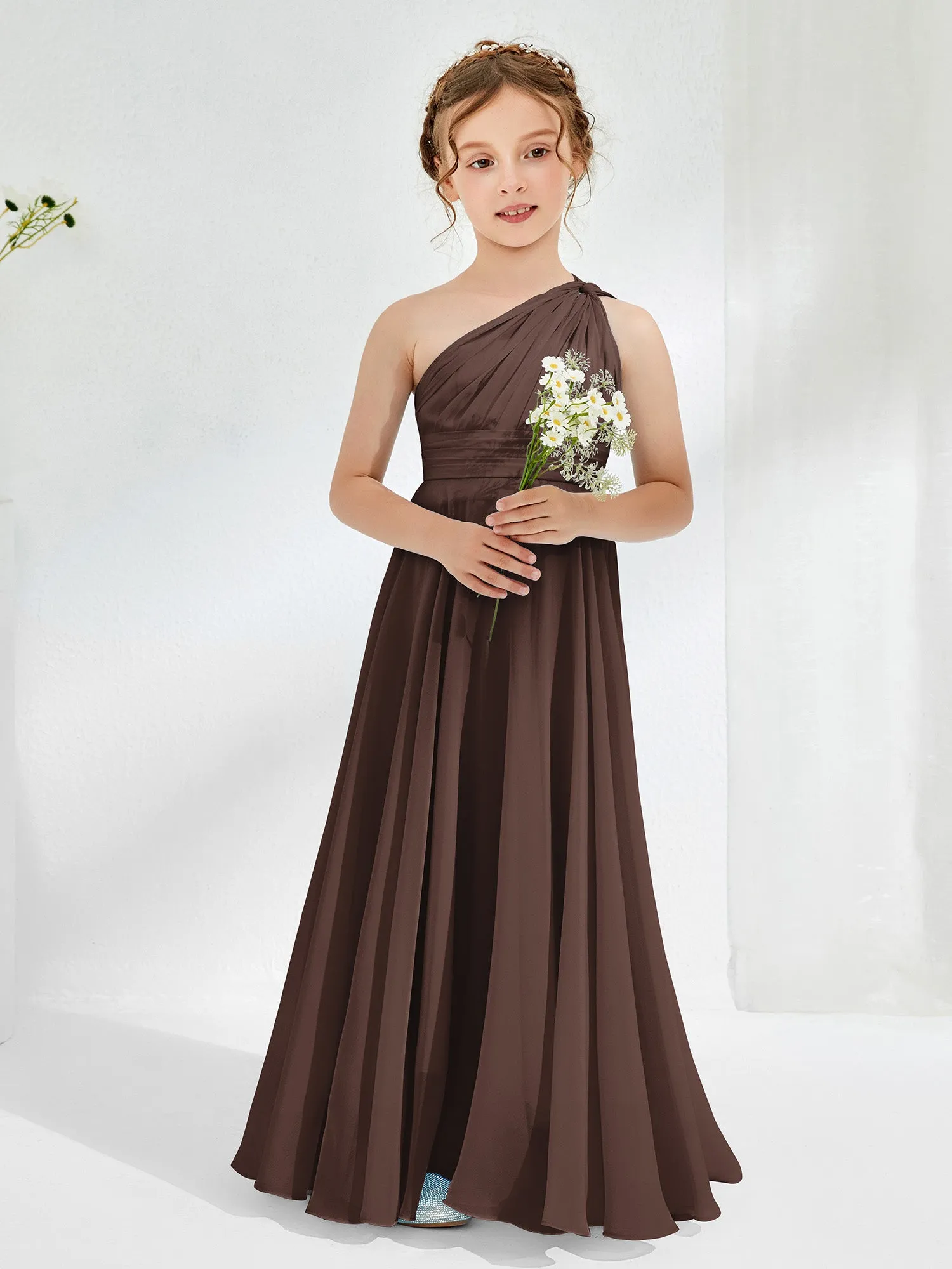 Cute One Shoulder  A-line Junior Bridesmaid Dresses Chocolate