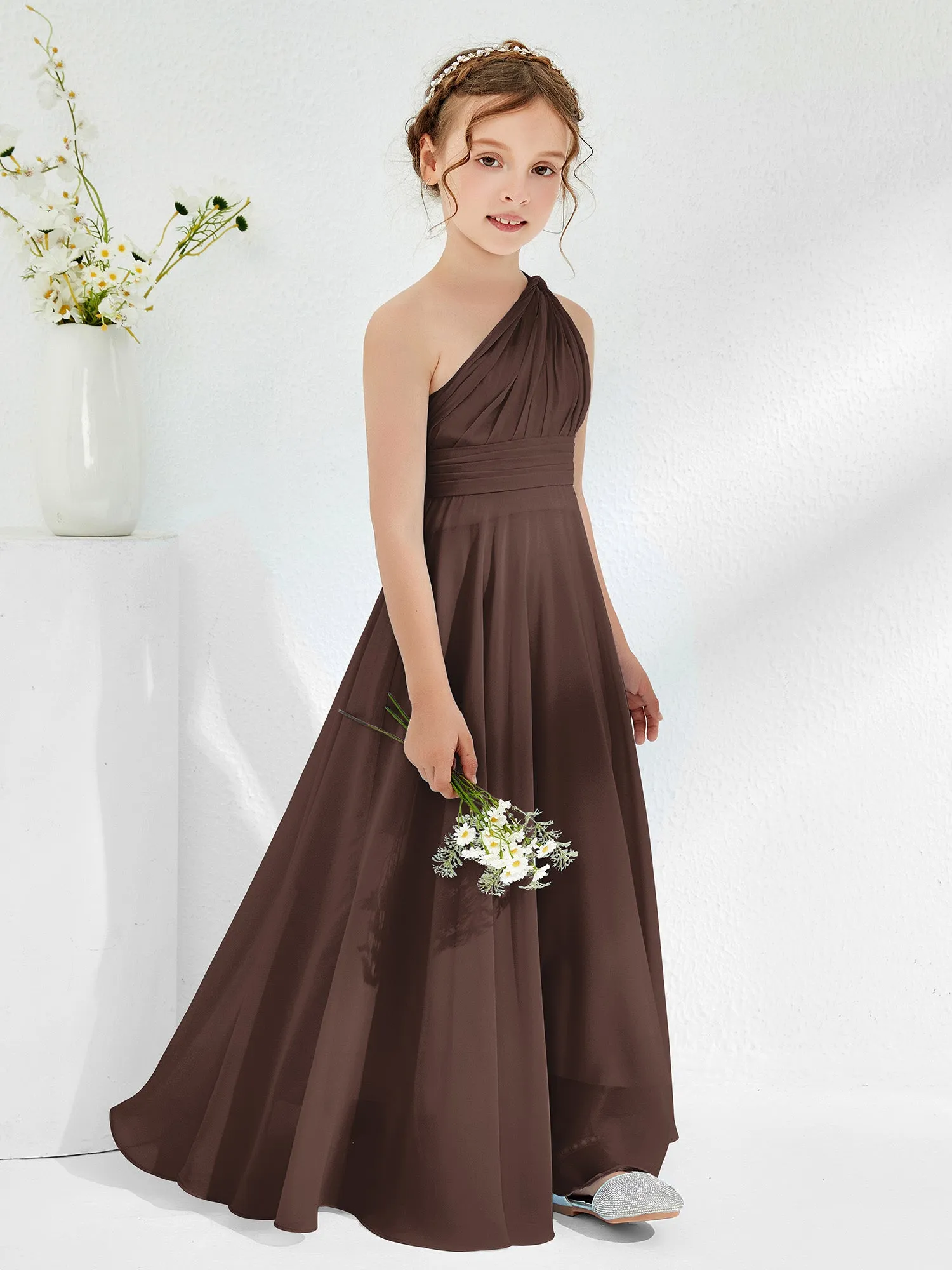 Cute One Shoulder  A-line Junior Bridesmaid Dresses Chocolate