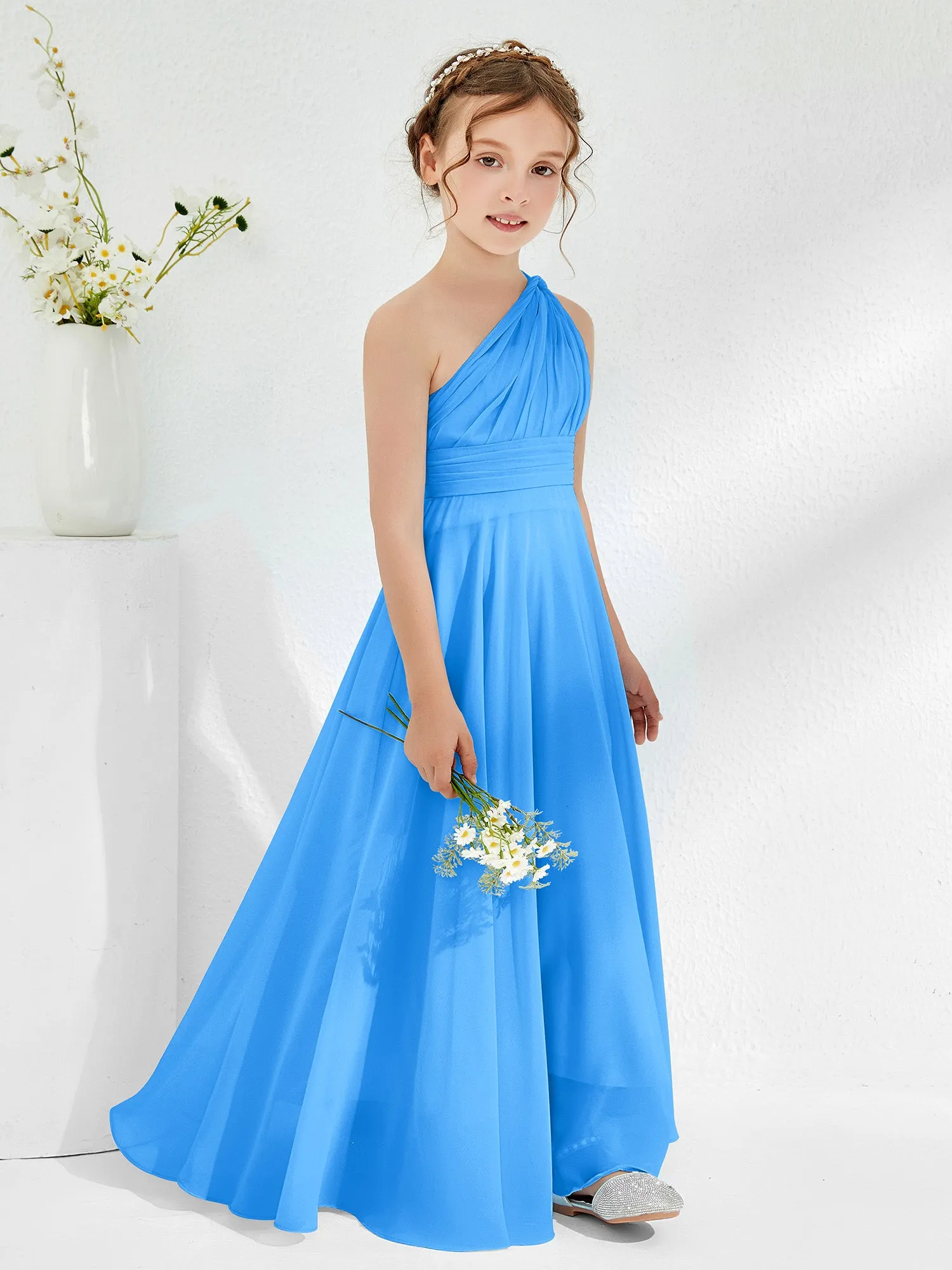 Cute One Shoulder  A-line Junior Bridesmaid Dresses Ocean Blue