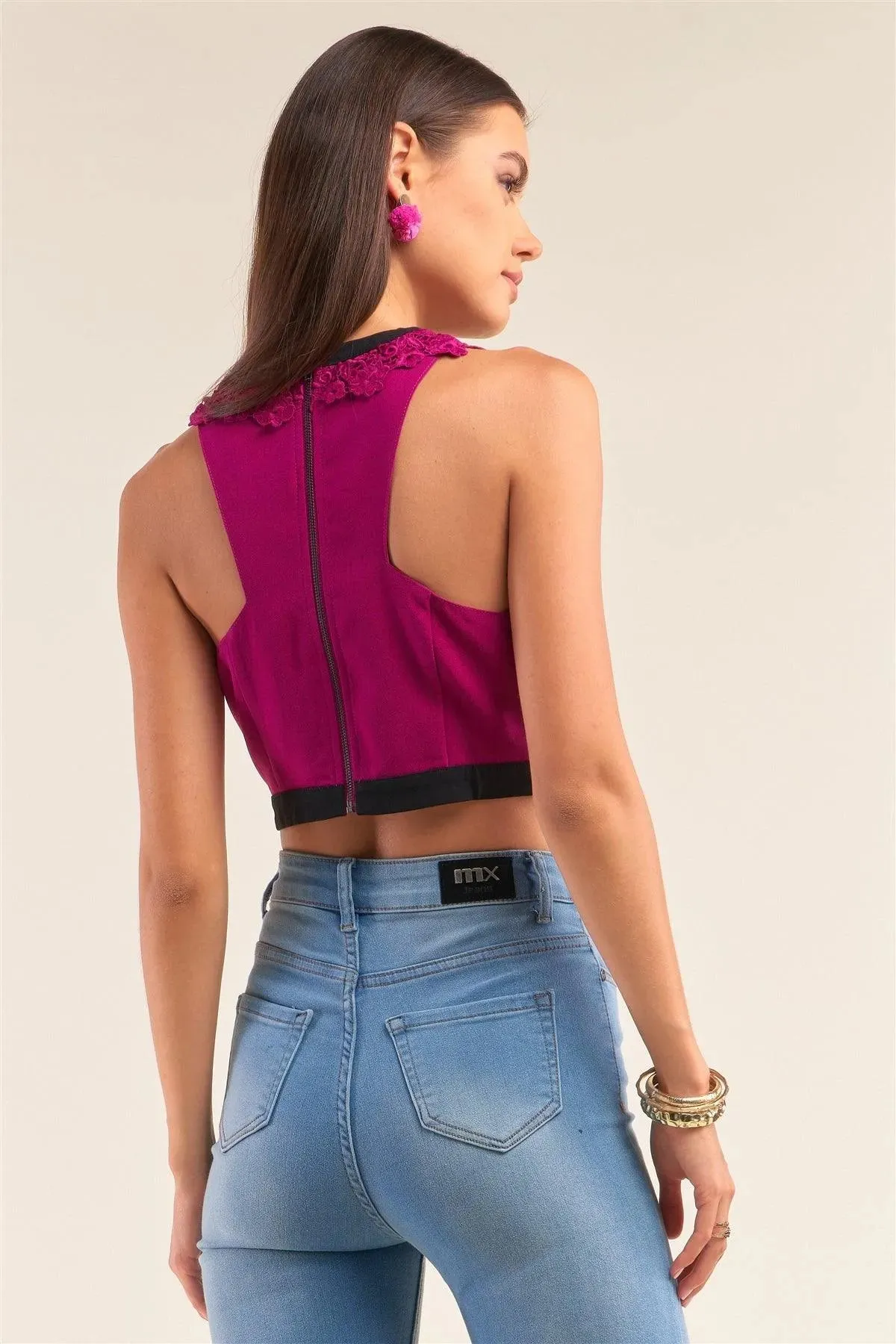 Dark Magenta Double Crochet Trim Front Detail  Racer Back Sleeveless Crew Neck Cropped Top /1-2-2-1