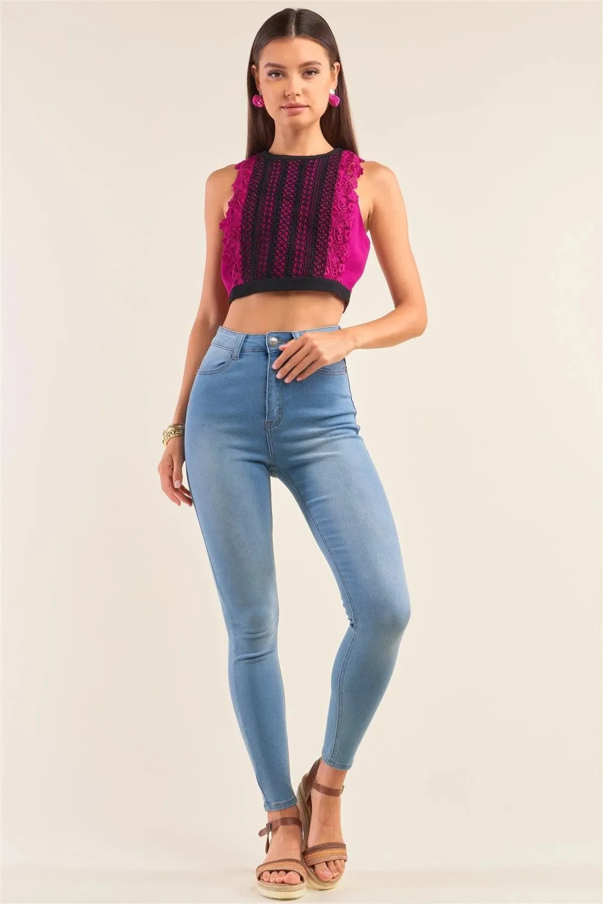 Dark Magenta Double Crochet Trim Front Detail  Racer Back Sleeveless Crew Neck Cropped Top /1-2-2-1