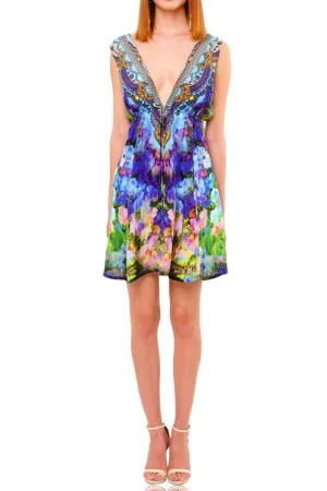 Floral Print Blue Short Dress