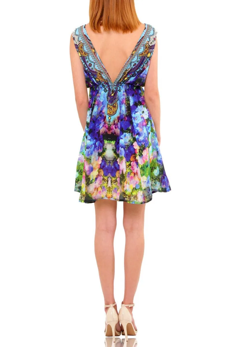 Floral Print Blue Short Dress