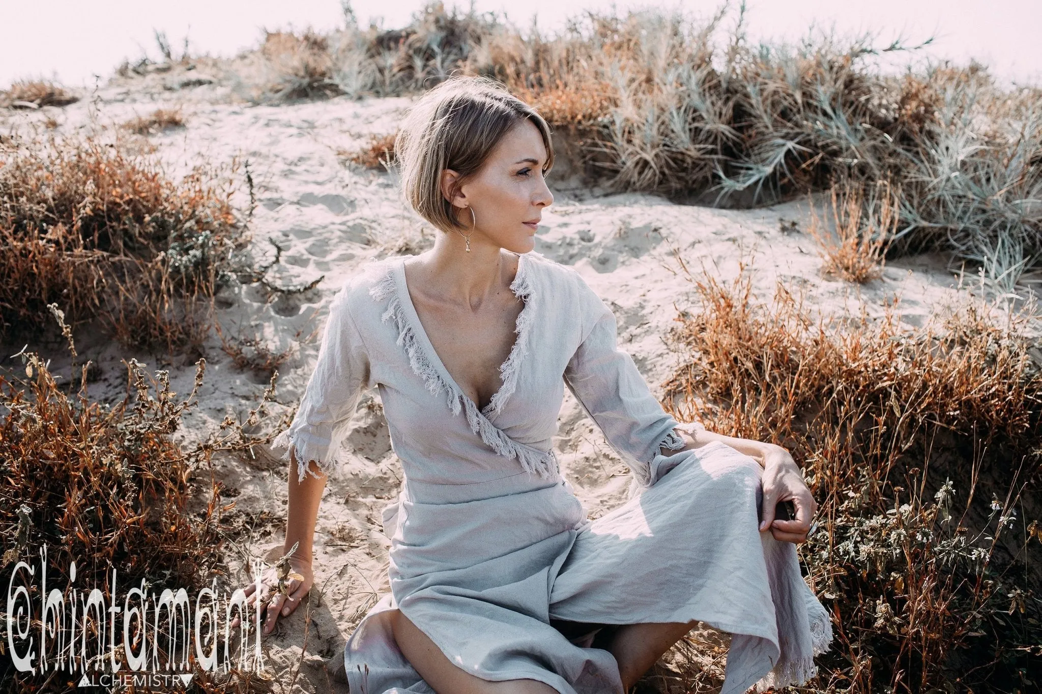 Fringe Wrap Boho Dress - 3/4 Sleeves, Cotton / Light Grey