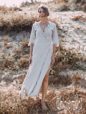 Fringe Wrap Boho Dress - 3/4 Sleeves, Cotton / Light Grey