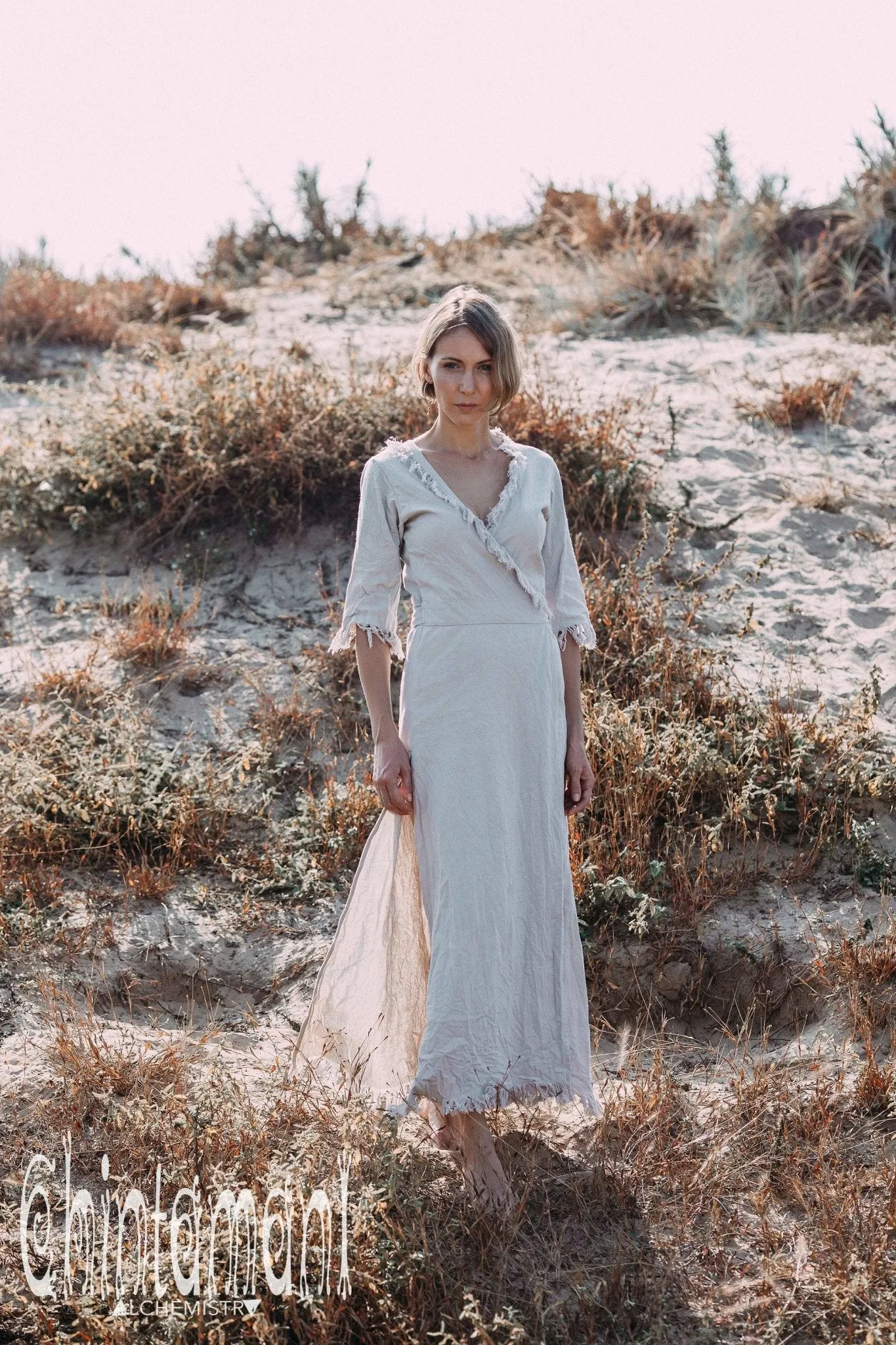 Fringe Wrap Boho Dress - 3/4 Sleeves, Cotton / Light Grey