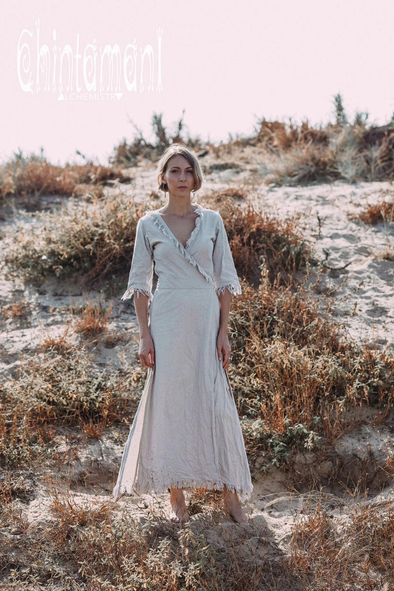 Fringe Wrap Boho Dress - 3/4 Sleeves, Cotton / Light Grey