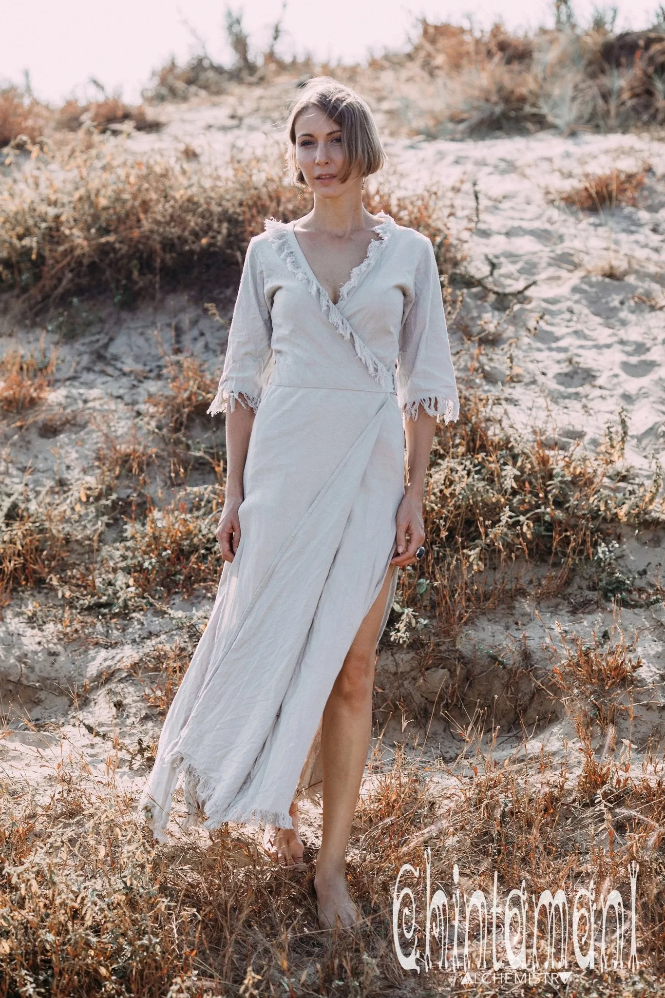 Fringe Wrap Boho Dress - 3/4 Sleeves, Cotton / Light Grey