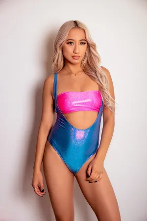 Hologram Suspender Rio Back Swimsuit in Turquoise Fuchsia