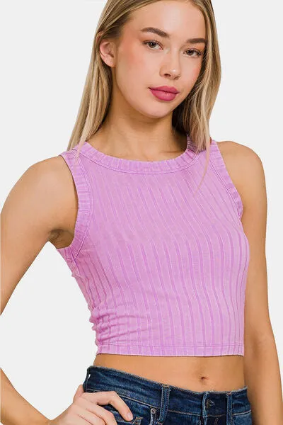 Mauve Ribbed Round Neck Cropped Tank