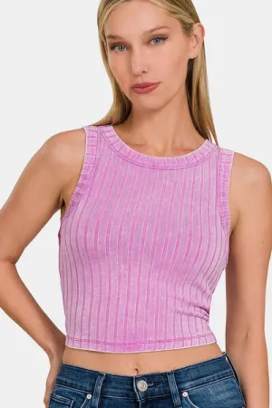 Mauve Ribbed Round Neck Cropped Tank
